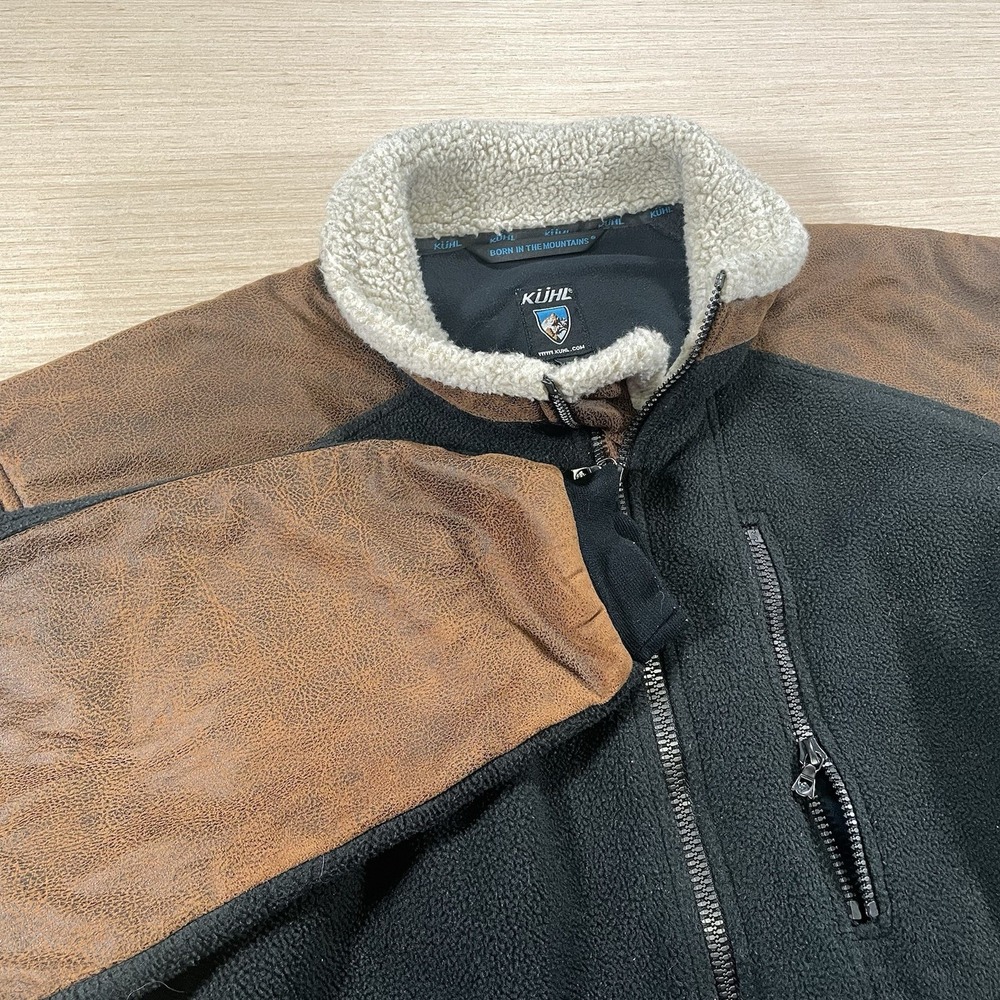Kuhl Alpenwurx‎ Jacket Mens XL Black Tan Fleece Sherpa Collar Suede Trim Warm